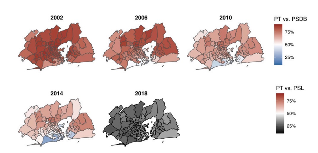 PT versus opposition vote share in presidential runoffs in the Rio de Janeiro Metropolitan Region by CEZ, 2002–2018